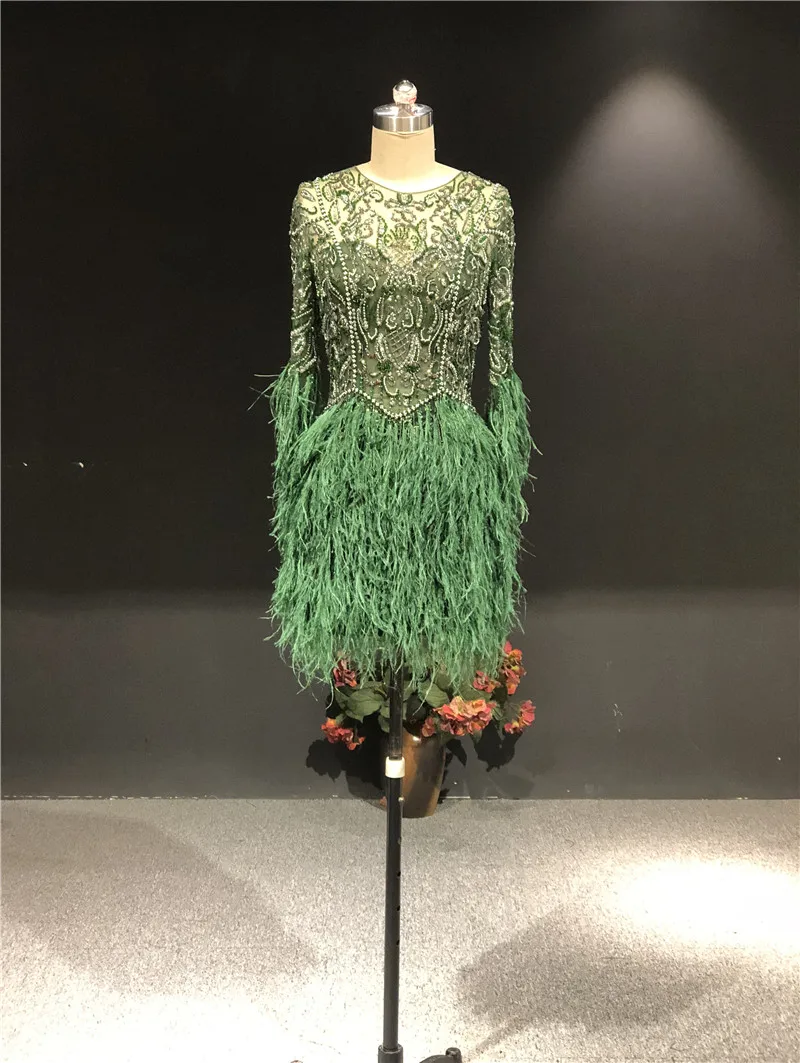 100%Real Sample Luxurious Beads with Feather Full Sleeves Dark Green Short Length Formal Party Dancing Bridal Evening Dresses | Свадьбы и