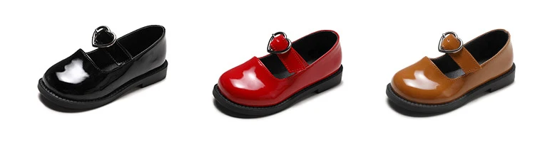 New Girls Leather Shoes Children's Princess Shoes Non-slip Love Patent Leather Casual Student Shoes Black Red Brown