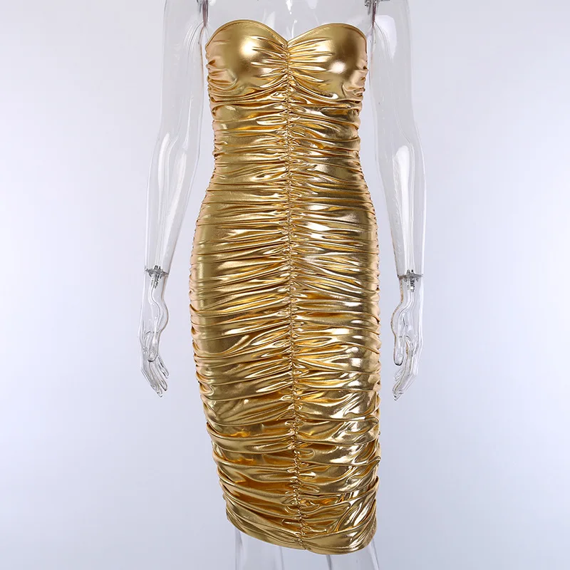 Lessverge Клубные вечерние золотые миди сексуальные бандажные платья для женщин с рюшами размера плюс элегантное платье осень зима блестящее облегающее платье Женский - Цвет: Золотой