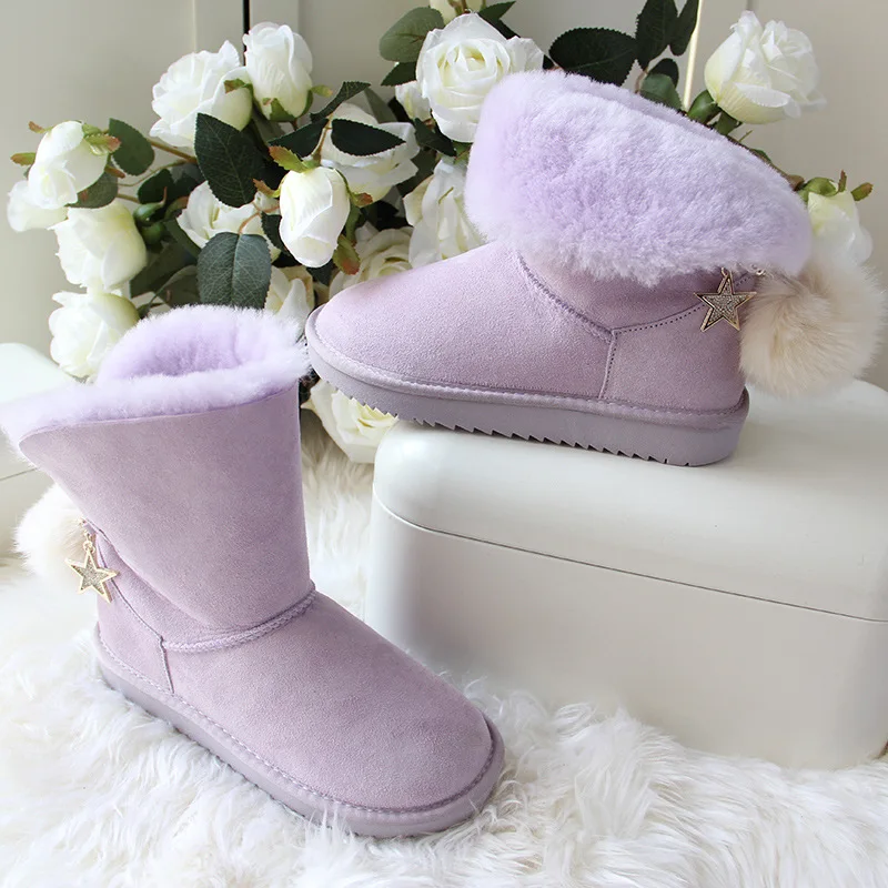 Новинка; модная обувь; Коллекция года; зимние сапоги на натуральном меху; женские сапоги из натуральной овечьей кожи; женские зимние сапоги из натуральной шерсти; теплые женские сапоги - Цвет: Purple as pic