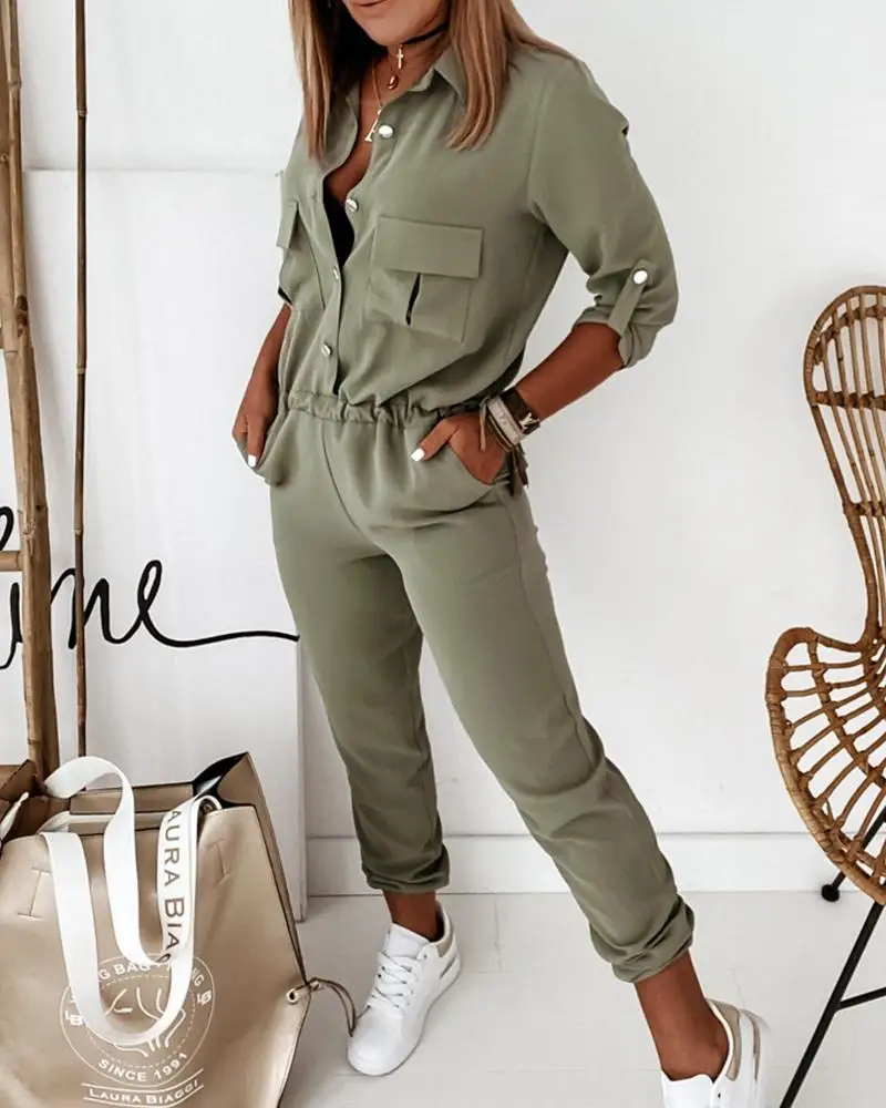 

Women Fashion Long Sleeve Jumpsuits One-Piece Outfit Overalls Female Autumn Clothes Pocket Design Elastic Waist Jumpsuit