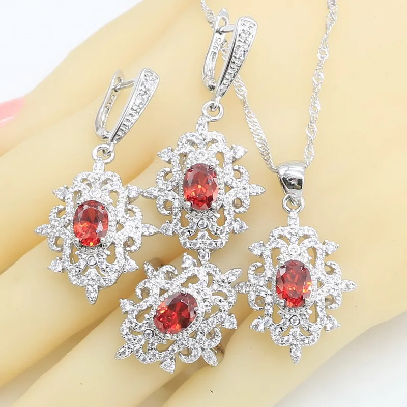 925 серебряные Свадебные украшения наборы для женщин красный циркон браслет серьги ожерелье кулон подарочные коробки для колец - Окраска металла: 3pcs No bracelet