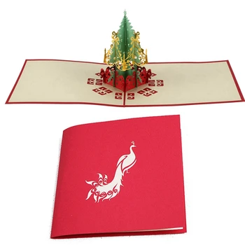 

2 Pcs 3D Cut -Up Paper Handmade Greeting Cards Gifts Souvenirs Postcards, Merry Christmas Tree & Peacock