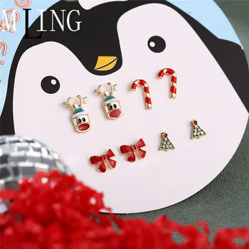 

MLING 4 Pairs/Set Vintage Gold Crystal Christmas Earrings Newest Christmas Tree Deer Bow Crutch Stud Earrings for Women