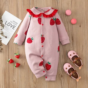 

2020 Newborn Baby Girl Autumn Winter Clothes Long Sleeve Button Ruffles Striped Floral Printed Romper Jumpsuit Outfits
