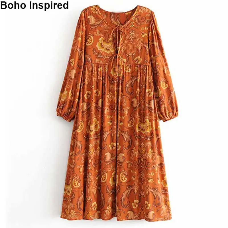 

Boho Inspired maple autumn dress women long sleeve 2019 new boho dress rayon tassel tied V-neck gypsy chic dress female vestido