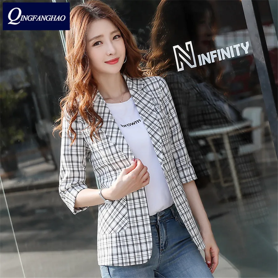 2020 British style plaid blazer women's middle sleeves slim casual shorts suit