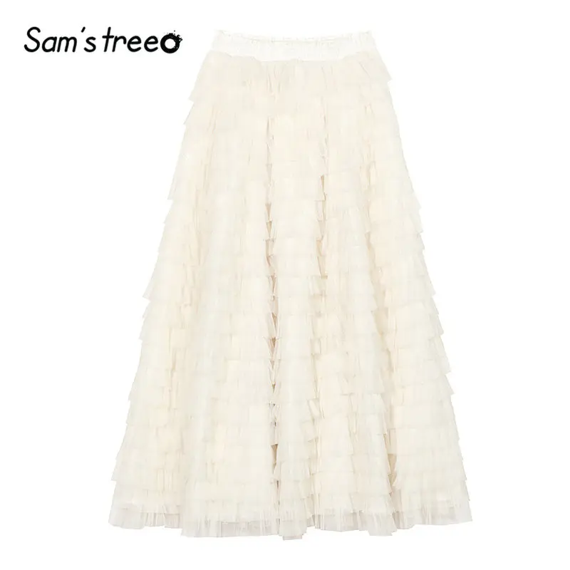 Samstree белая однотонная сетчатая элегантная длинная юбка для женщин Повседневная Корейская стильная трапециевидная юбка с высокой талией офисные женские юбки