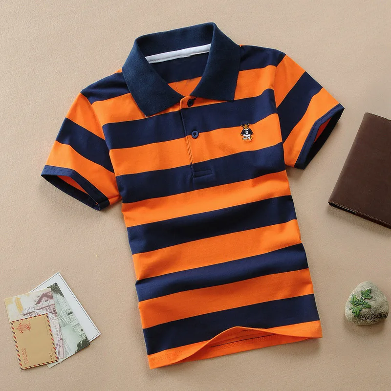 Лидер продаж; детская хлопковая Футболка; летняя одежда; детская футболка-поло; хлопковая футболка в полоску с короткими рукавами для мальчиков; детская одежда - Цвет: orange1