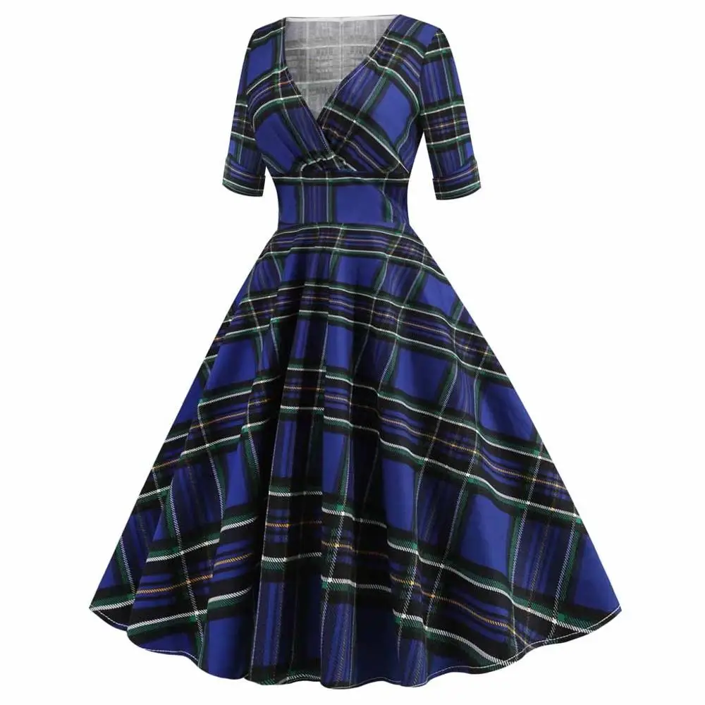 Plaid Blue Хлопковое винтажное праздничное платье, модное женское платье с v-образным вырезом и коротким рукавом, простые платья, Новинка - Цвет: Plaid Blue