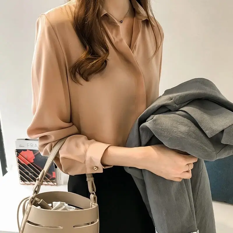 

Casual Solid Female Shirts Outwear Tops Summer Autumn New Women Chiffon Blouse Office Lady Button plus size Clothing