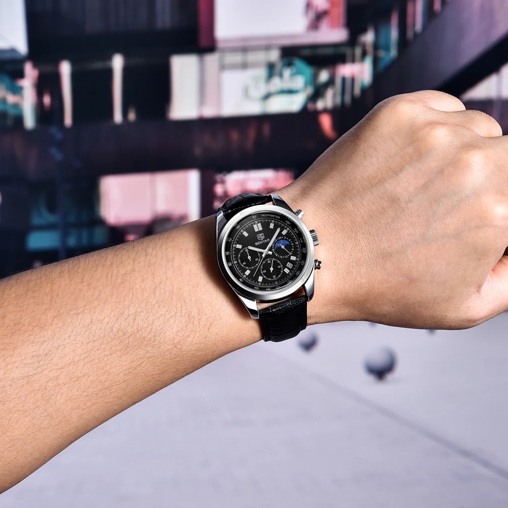 Luxury Men Quartz Wristwatches Top Brand Genuine Leather Chronograph 30M Waterproof Sport Watch Men Reloj Hombre Dropshipping