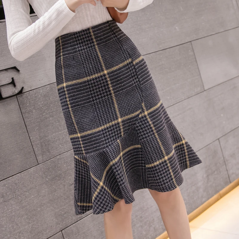 autumn winter plaid woolen skirt women high waist package hip mermaid trumpet skirt
