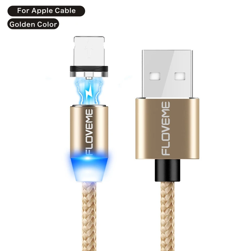 FLOVEM Магнитный кабель Micro usb type C USB-C кабель 1 м 2 м светодиодный короткий usb кабель для зарядки магнитное зарядное устройство круглый разъем для iPhone XR - Цвет: For Apple Gold