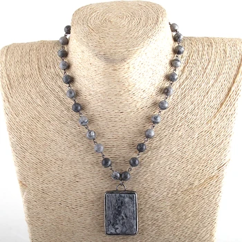 

MOODPC Fashion Jewelry Natural Stone Rosary Chain Rectangle Stone Pendant Choker Necklaces Women Necklace