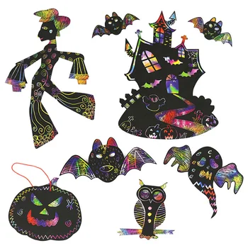 

1 Set Halloween Scratch Paper Set Pumpkin Bat Castle Magic Rainbow Scratching Art Cards Scraping Drawing Toys