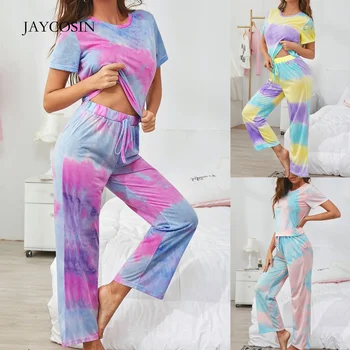 

JAYCOSIN 2020 Summer New 2Pieces Women Suit Female Gradient Color Leisure Suit Home Service Set Short Sleeve And Long Pants L602