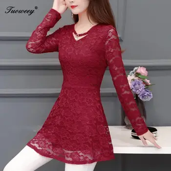 

Spring Autumn New Arrival Women Sweet Ruffles V-Neck Fashion Lace Shirt Patchwork Hollow Out Women Blouses Casual Tops