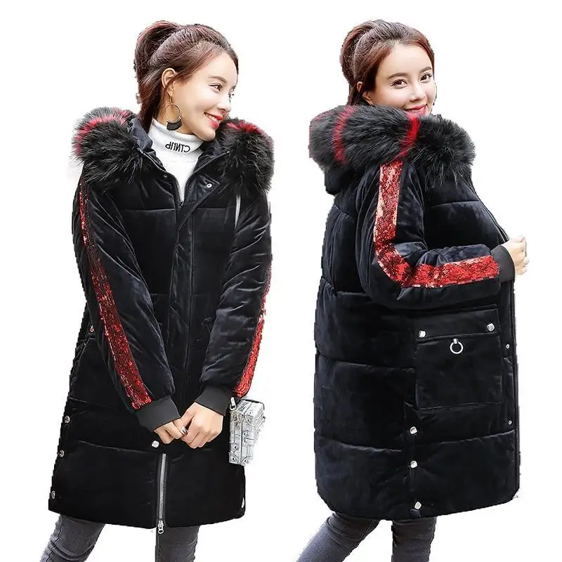 

Gold Velvet 2018 Winter Style Mid-length Contrast Color Large Pocket Cotton-padded Clothes Fashion Short-height Cotton Coat