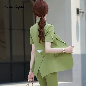 

Women Plus size Blazers coats 2020 Summer Fashion cotton Button Splicing Short sleeve Suits jackets ladies Skinny Blazers Suits