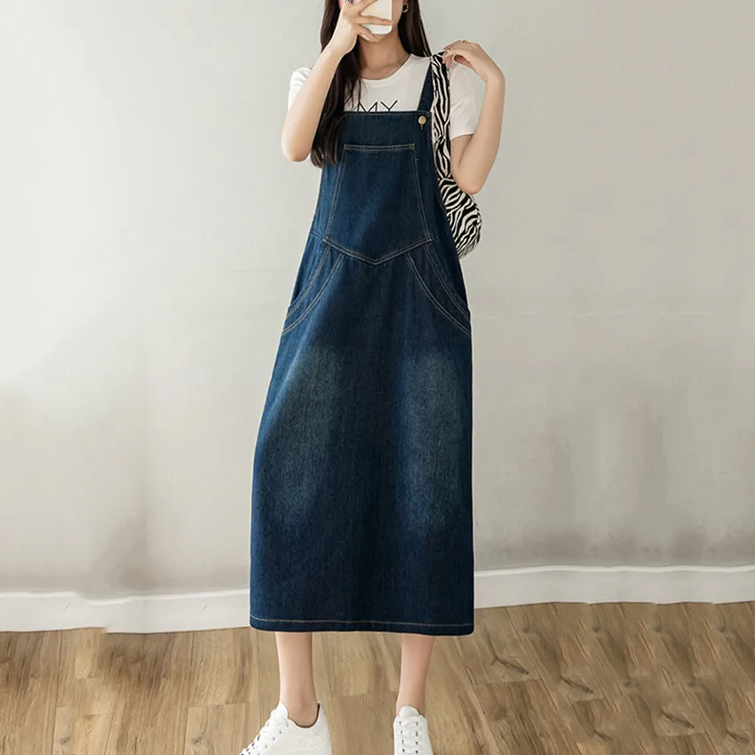

2022 New Fashion Denim Sundress Casual Loose Jeans Dress Women Long Suspenders Strap Dresses Vintage Overalls Robe Femme