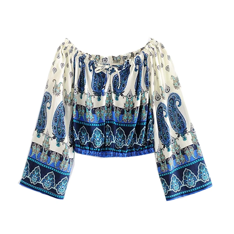 as picture Boho chic, женская блузка с цветочным принтом, на шнуровке, богемный стиль, с открытыми плечами, блузка, рубашки, женские рубашки с длинным рукавом, блузы - Цвет: as picture