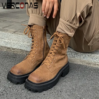 

VERCONAS Autumn Winter Casual Women Ankle Boots Concise Working Platforms Shoes Woman Zipper Cross-Tied Cow Suede Martin Boots