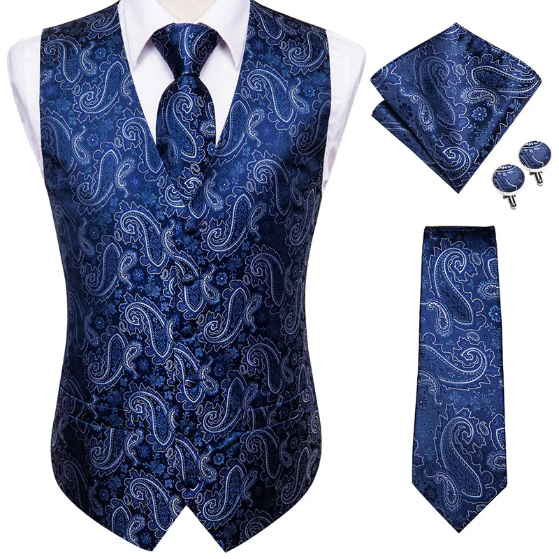 Hi-Tie Burgundy Paisley Floral Silk Men's Slim Waistcoat Necktie Set For Suit Dress Wedding 4PCS Vest Necktie Hanky Cufflink Set mens suit dress vests