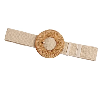

Straw Knitted Round Buckle Personality Long Wide Belt Women Fashion Tide All-Match Apricot