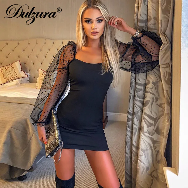 Dulzura polka dot ribbed mesh puff sleeve mini dress elegant backless sexy party clothes autumn winter date evening fashion