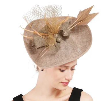 

Gorgeous khaki big kenducky hair fascinators elegant bride hair headwear mesh headpiece with feather flower hair accessories