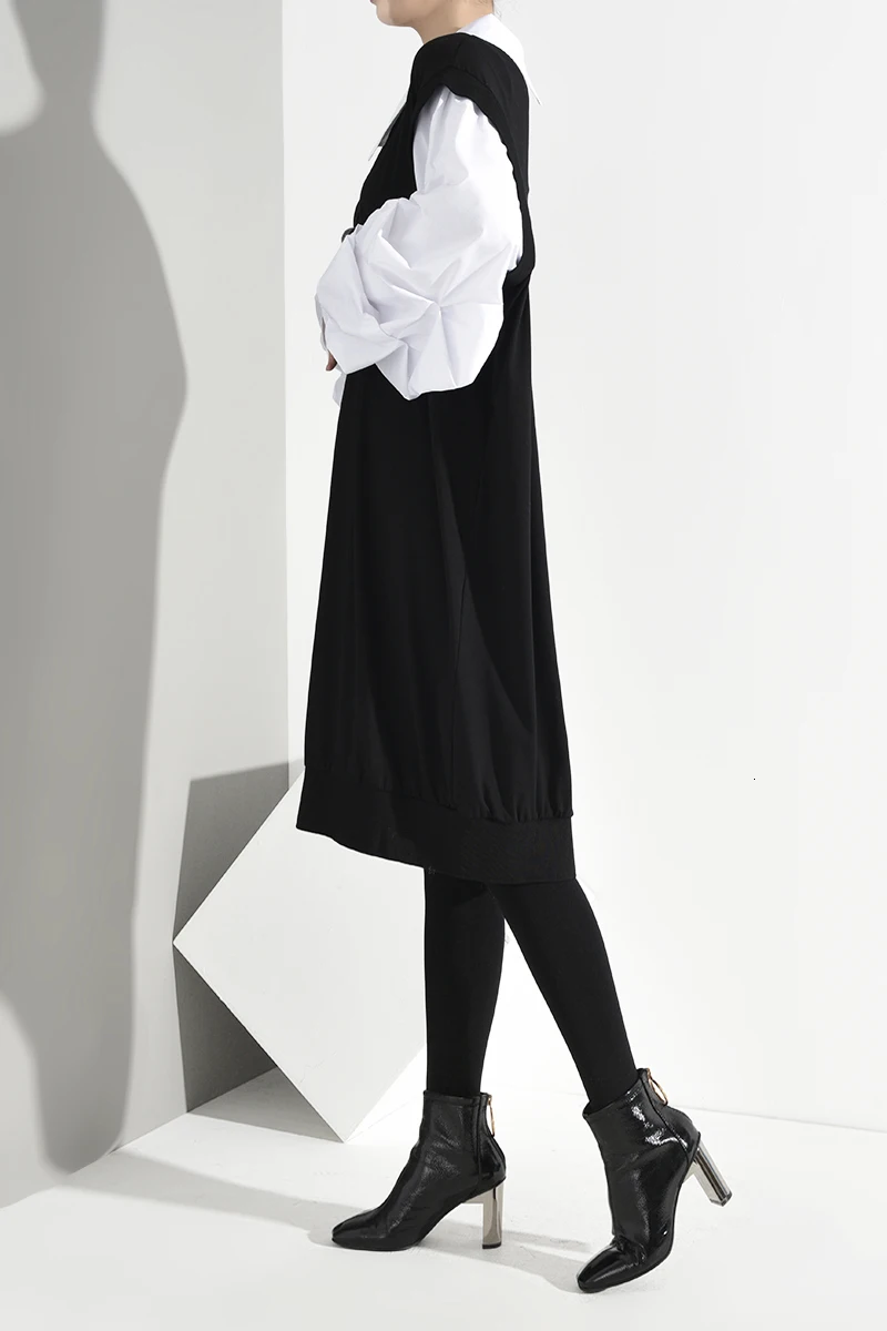 [EAM] женское Черное контрастное платье большого размера, новинка, v-образный вырез, длинный Пышный рукав, свободный крой, мода, весна-осень, 1H15101