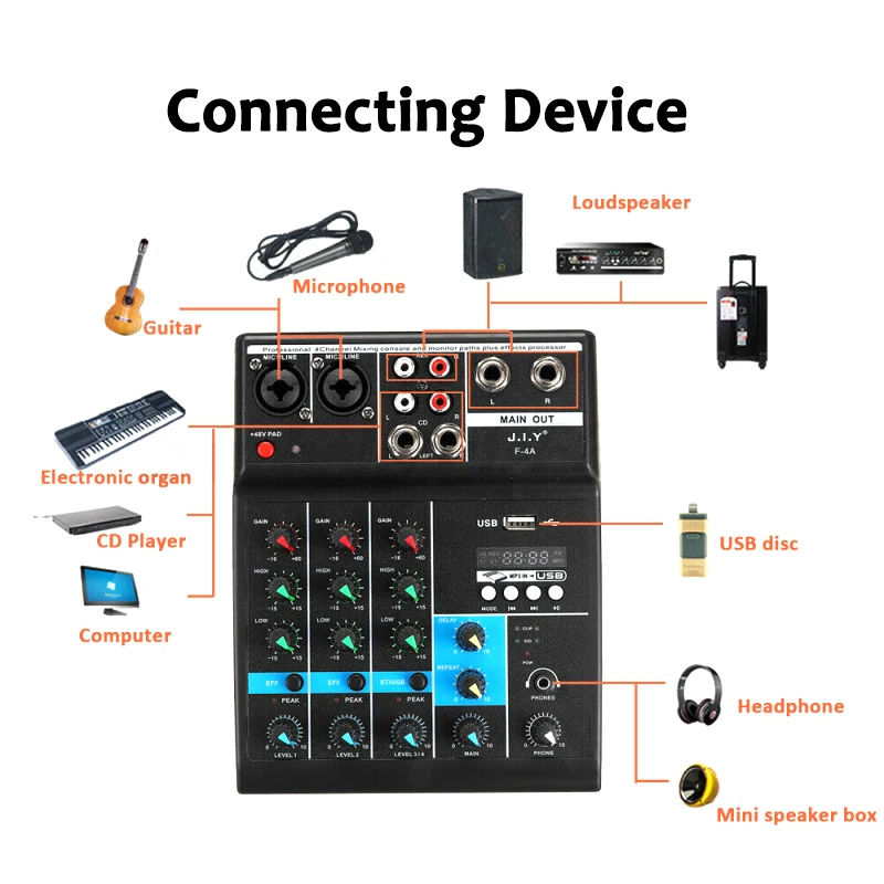 4 Channels Mini USB Audio Mixer Amplifier Console Bluetooth Record Phantom With Sound Card For Home Karaoke Stage Karaoke KTV