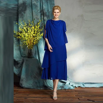 

Modern Elegant Short Royal Blue Chiffon Mother of the Groom Gowns Bateau Neck Beading Tiered Tea Length Wedding Party Dress