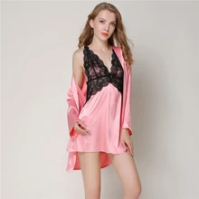 Chemise de nuit femme весна лето новая шелковая имитация пижамы Женское ночное белье Комплект из двух предметов пикантная кружевная Пижама домашний халат