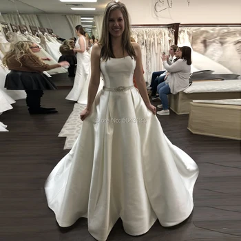 

Sexy Strapless Satin Wedding Dresses 2020 Off the Shoulder A Line Sleeveless Sweep Train Bride Wedding Gowns with Beaded Sash