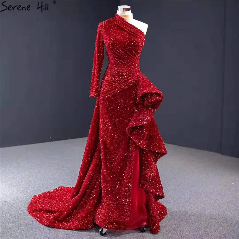 Дубай, красное сексуальное вечернее платье на одно плечо,, Русалка, расшитое блестками, сверкающее роскошное платье, Serene hilm BHM67056