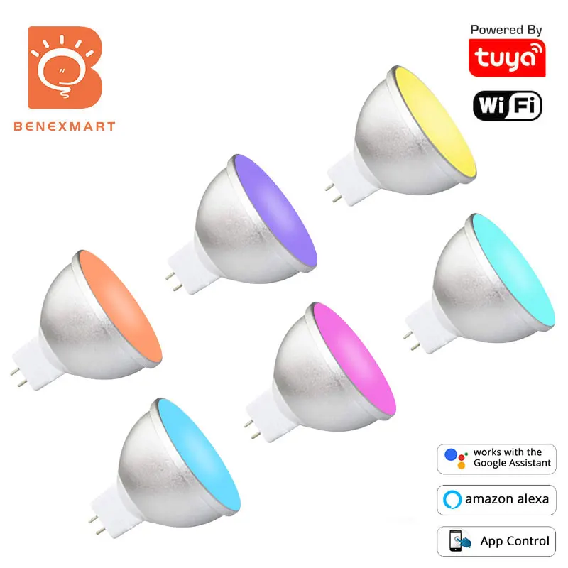 Benexamrt Tuya WiFi 5W Gu5.3 MR16 Led Light Bulb 12V RGBW Dimmable Lamp Spotlight Bulb SmartLife APP Alexa Google Home Control