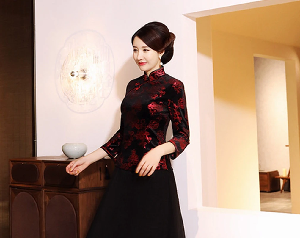 Китайский традиционный стиль осень зима бархат cheongsam женский короткий параграф семь точек рукав принт Тан костюм рубашка