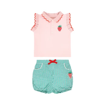 

Spot BOBOmoon-BE 2020 Summer Girls Outfits Strawberry Embroidered Lapel Lotus Leaf Sleeve Shirt Children's Clothing Casual Sets