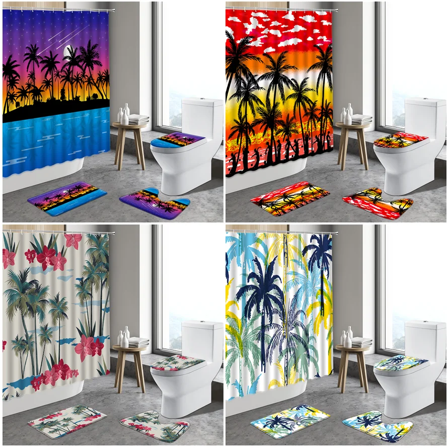 

Sunset Dusk Coconut Trees Shower Curtain Plant Flower Hand-painted Art Decor Background Pattern Bathroom Non-slip Rug Bath Mats