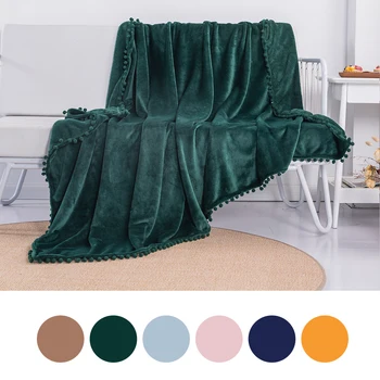 

New Flannel Blanket with Pompom Fringe Lightweight Cozy Bed Blanket Soft Throw Blanket fit Couch Sofa Suitable All Season