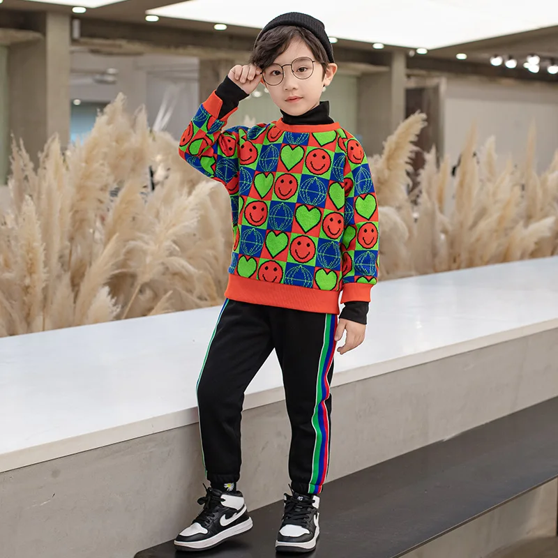 

4-12 years old children's clothing winter new boys and girls' fleece sweater suit Plush sportswear children's suit
