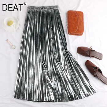 

[DEAT] 2020 Women's Autumn Fashion Trend New Pattern Casual Metallic Reflective Fabric Mid-calf Length Pleated Skirt AI519