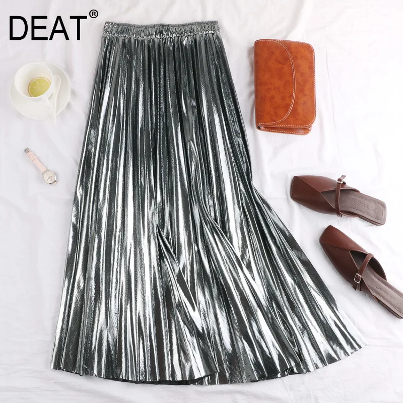 [DEAT] 2021 Women's spring Fashion Trend New Pattern Casual Metallic Reflective Fabric Mid-calf Length Pleated Skirt AI519 | Женская