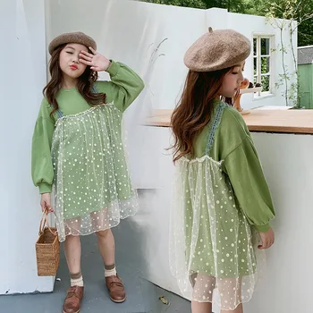

2020 spring new girl's long sleeve mesh dress girl's fake two piece suspender dot dress