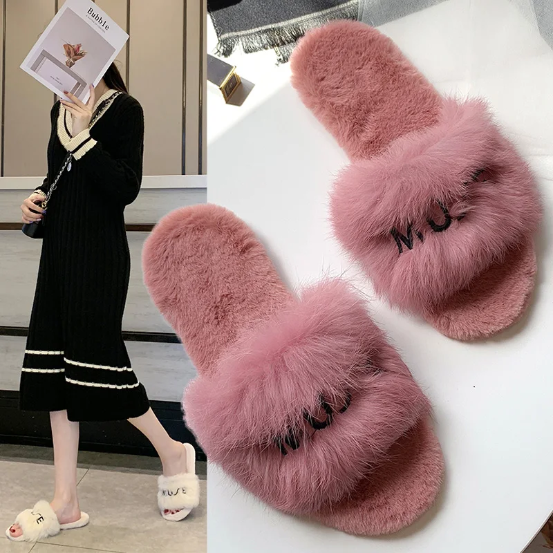 

Butterfly-knot Winter Slippers Shoes Without Heel 2019 New Women Slides Loafers Fashion Pokemon Plush Flat Pink Luxury Fur