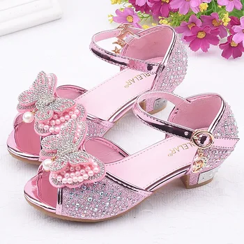 

AFDSWG girls sandals summer new children's high heels big children's fish mouth shoes bow crystal shoes princess shoes