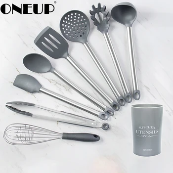 

ONEUP Silicone Kitchenware Set Heat Resistant Cookware Spatula Shovel Soup Spoon with Wooden Handle Non-stick Kitchen Accessorie