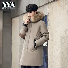 Брендовые новые зимние модные теплые мужские пуховые пальто средней длины корейские толстые с длинным рукавом патч Тонкий большой меховой воротник мужские пальто с капюшоном